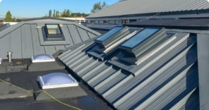 Grey metal roof with pitched sections and multiple rooflights