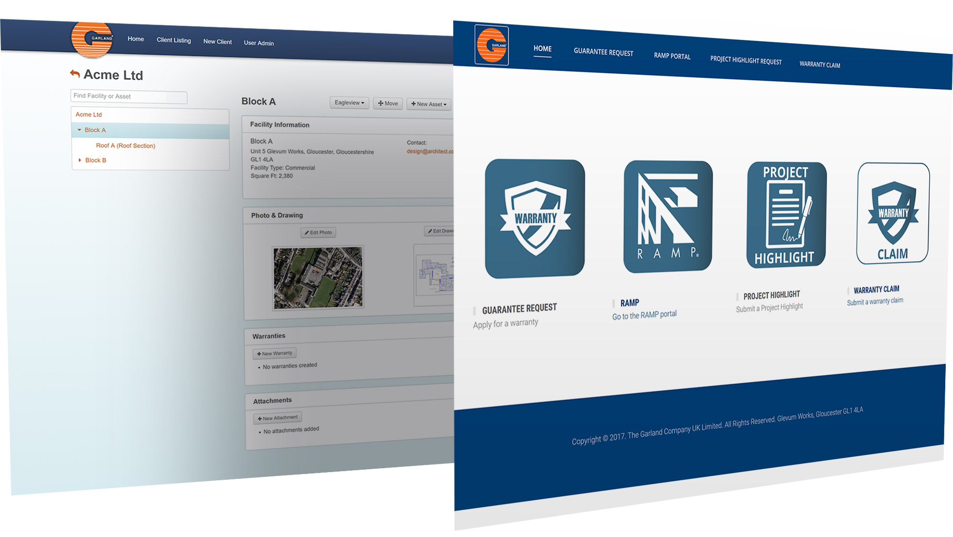 Multiple overlapping RAMP portal web page screens showing warranty application, project highlight, and claim sections
