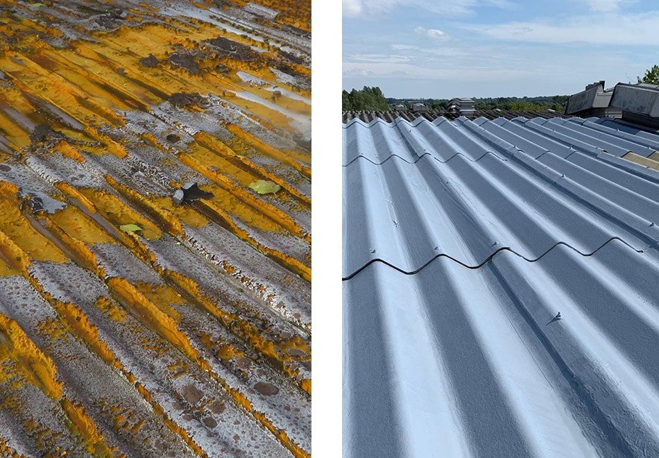 Split image showing a rusty orange corrugated roof on the left and a clean grey corrugated roof on the right