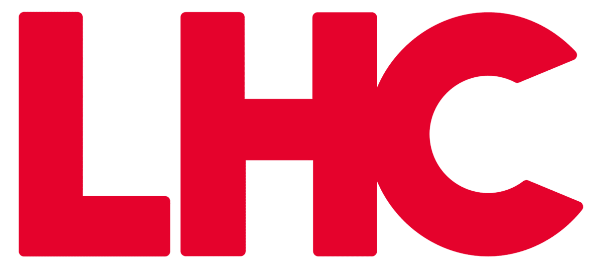 Red letters L H C logo on transparent background