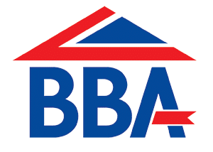 BBA logo with blue letters and red roof shape