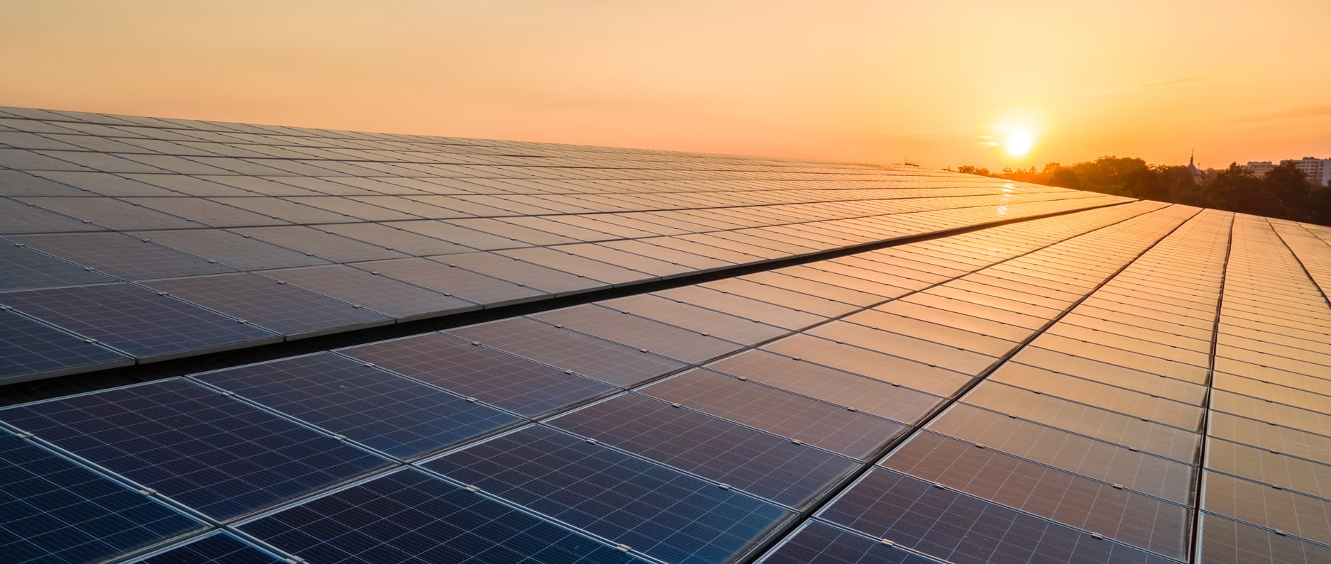 Rows of solar panels stretch across a roofing expanse, reflecting the warm light of a setting sun on the horizon, symbolizing renewable energy and sustainability. Garland UK