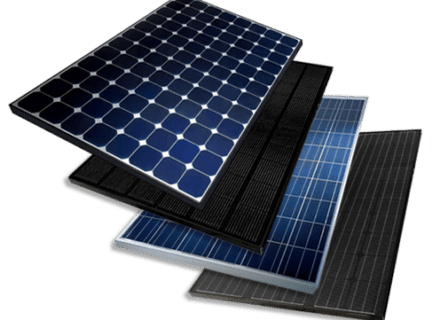 Four different solar panels stacked diagonally, each with a distinct pattern and color, showcasing various types of solar cell designs and Solar CPD technologies. Garland UK