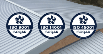 Graphic showing three ISOQAR certification badges for ISO 9001, ISO 14001 and ISO 45001 displayed over a background of a grey metal roof