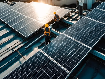 Worker wearing a high visibility vest and helmet standing among rows of solar panels on a roof, with sunlight reflecting off the panels