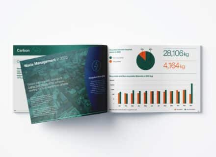 Open booklet spread displaying a waste management report with a bar chart and a pie chart on the right page and an aerial image with text on the left page, on a white background
