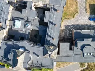 A birdseye view of the refurbished bituminous membrane warm roof system at memorial hospital