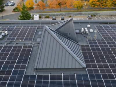 A small pitched roof structure protruding from a flat roof surrounded by rows of solar panels with autumn trees in the background