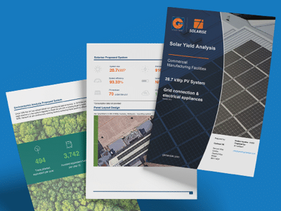 Mockup of solar analysis report pages displaying charts and aerial images on a blue background