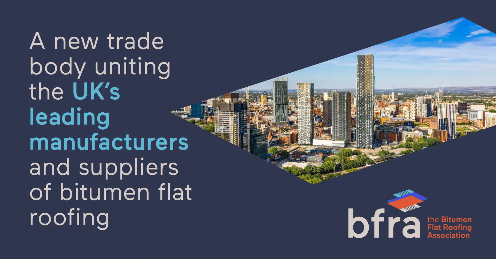 Graphic for the BFRA showing a city skyline and text that reads A new trade body uniting the UK's leading manufacturers and suppliers of bitumen flat roofing, with the BFRA logo