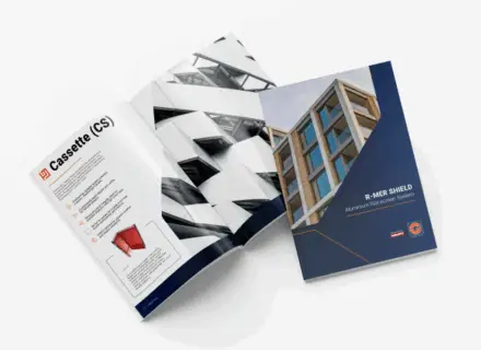 brochure mock-up for the r-mer shield aluminium rainscreen system.