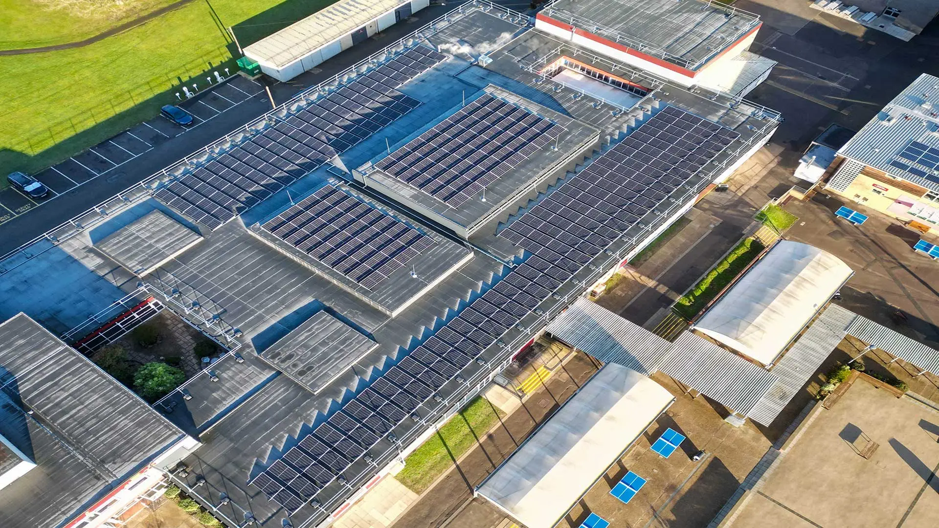 Aerial view of a Garland UK education sector project, featuring solar pv installation and roof refrubishment