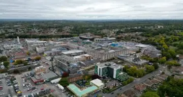 Aerial view overlooking Southampton Hospital and Garland UK roofing project