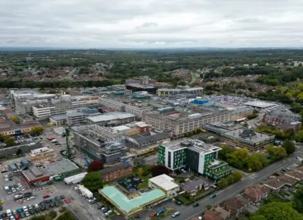 Aerial view overlooking Southampton Hospital and Garland UK roofing project