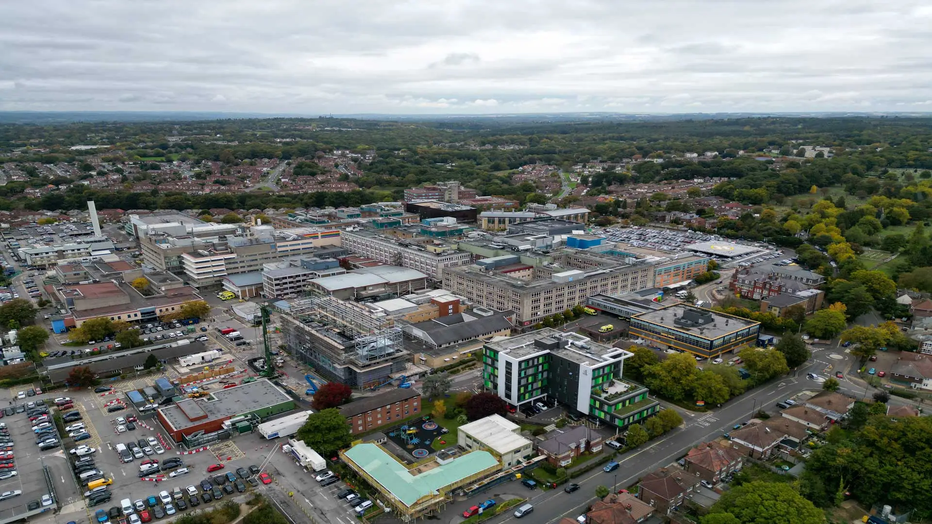 Aerial view overlooking Southampton Hospital and Garland UK roofing project