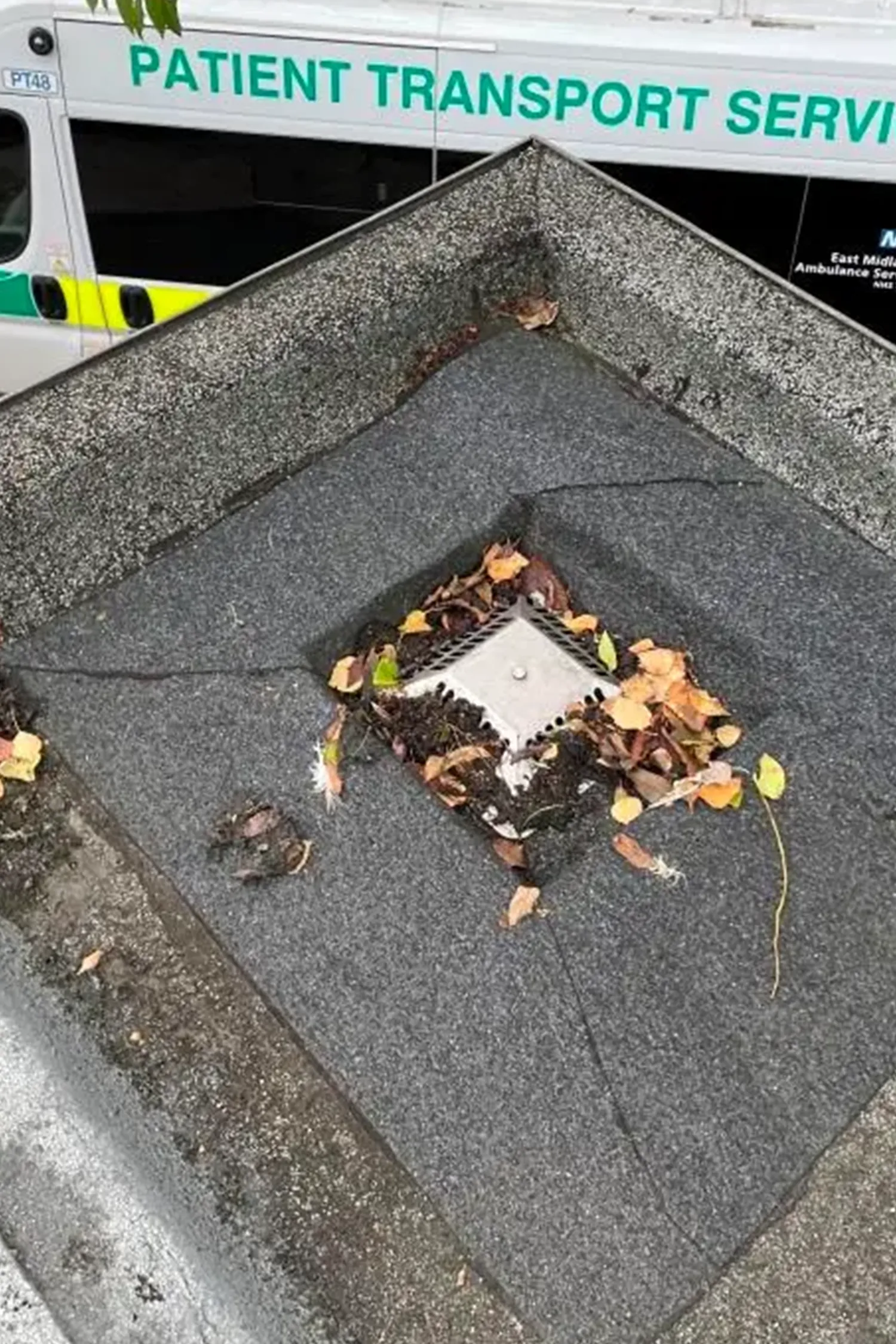 Roof damage showing exposed white vent surrounded by fallen autumn leaves
