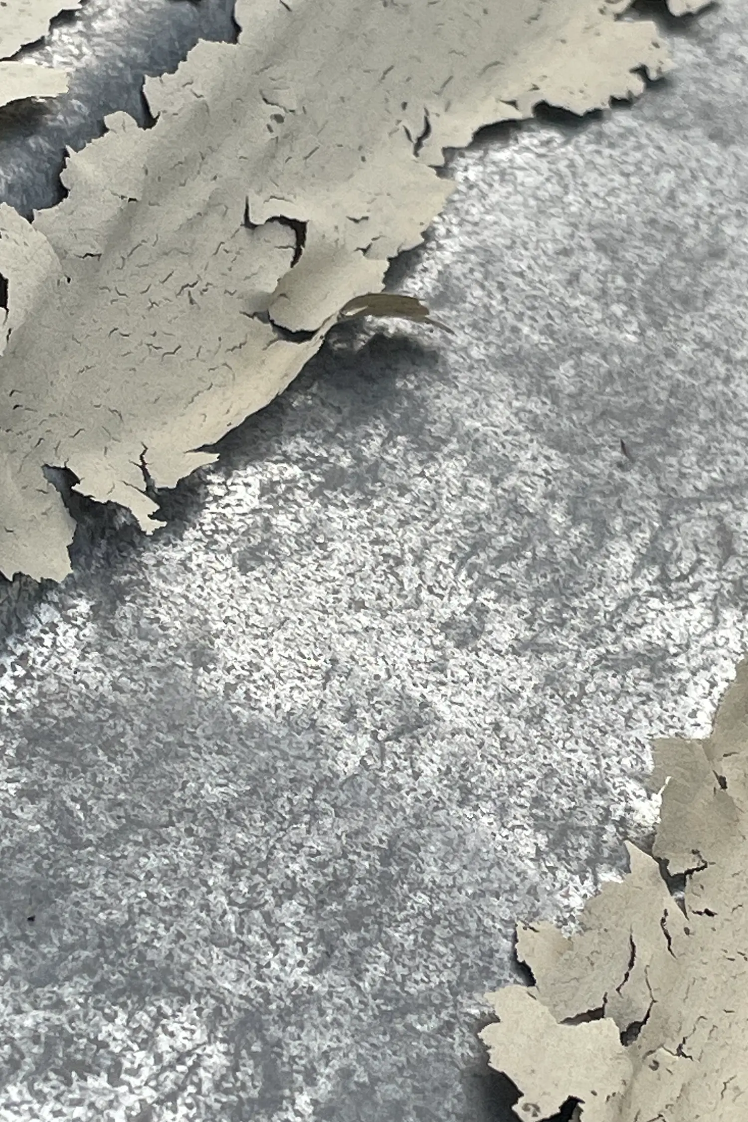 Peeling white paint and gray textured surface showing building deterioration damage