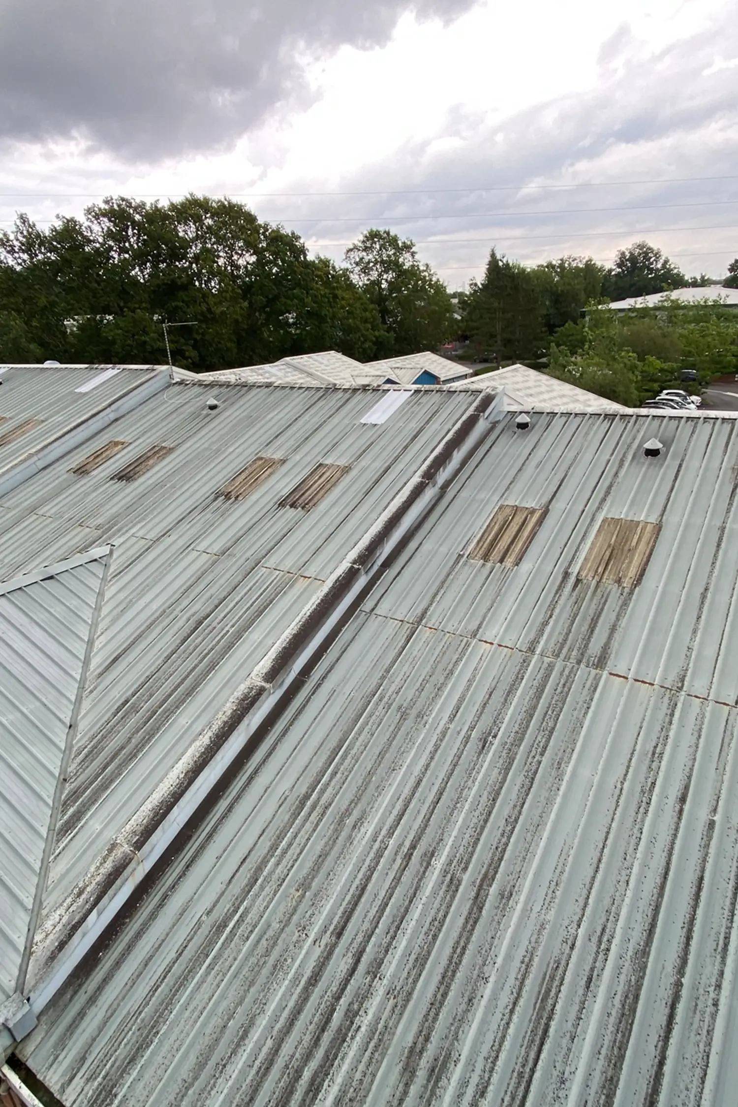 Corroded metal roof with moss stains and deteriorating gutters needing repair