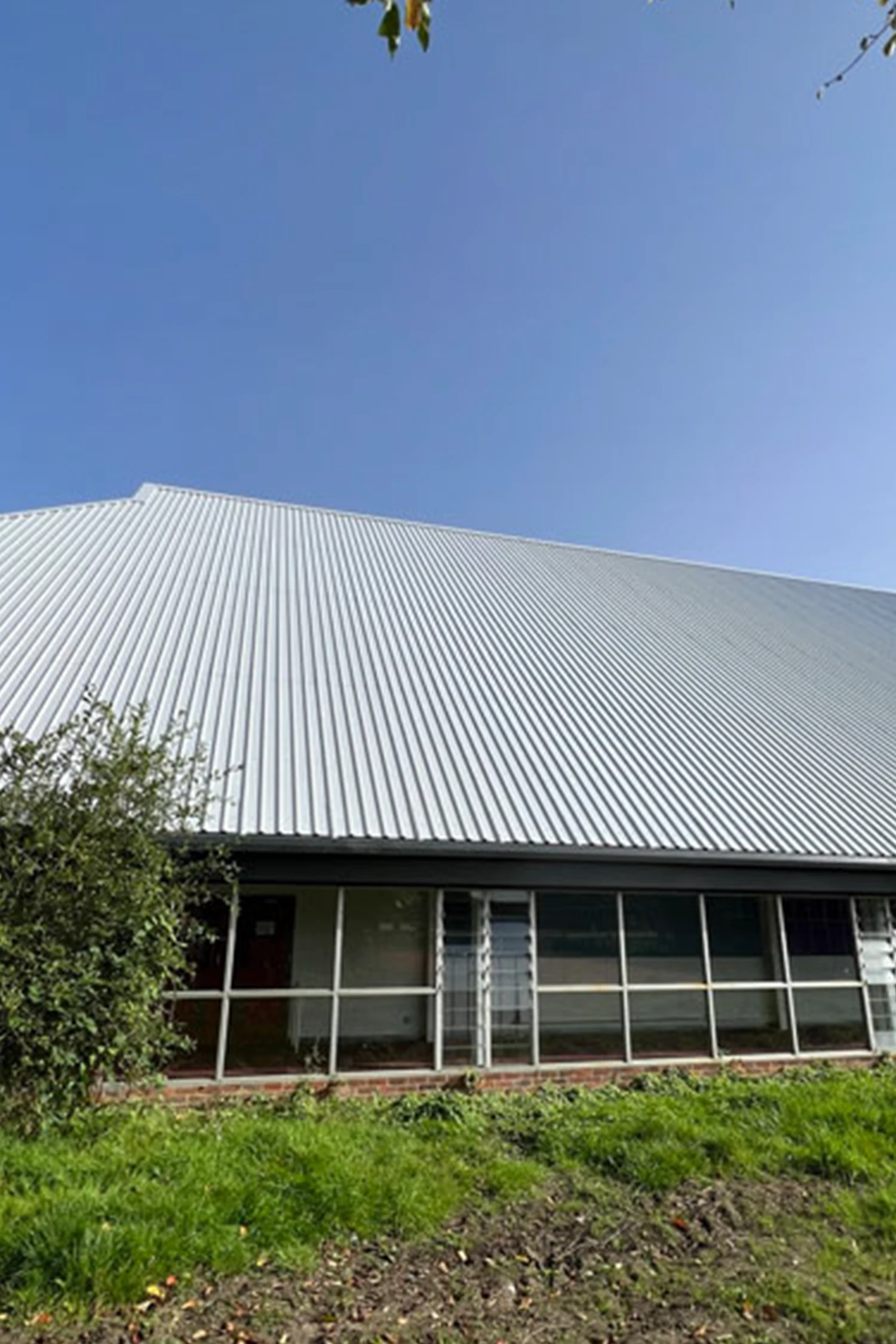 Modern school building with corrugated metal roof and large windows