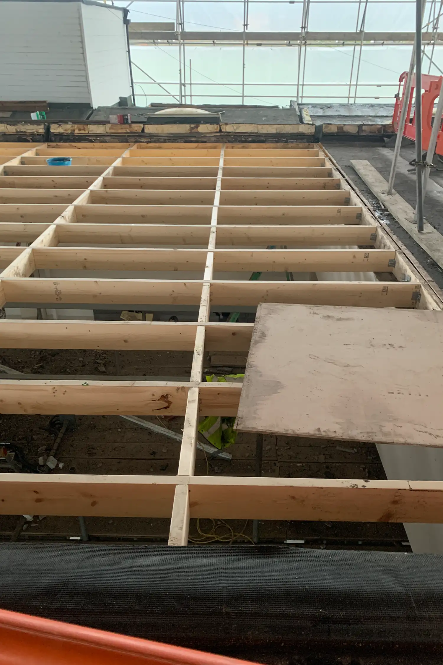 Wooden floor joists and beams under construction in greenhouse structure