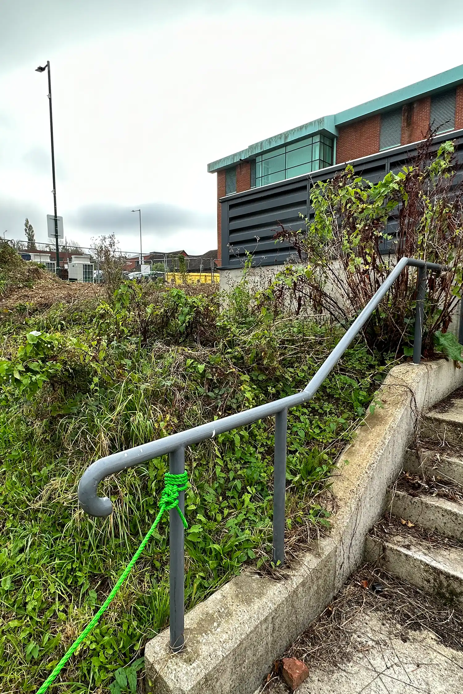 Metal handrail along overgrown pathway beside modern brick building with green roof