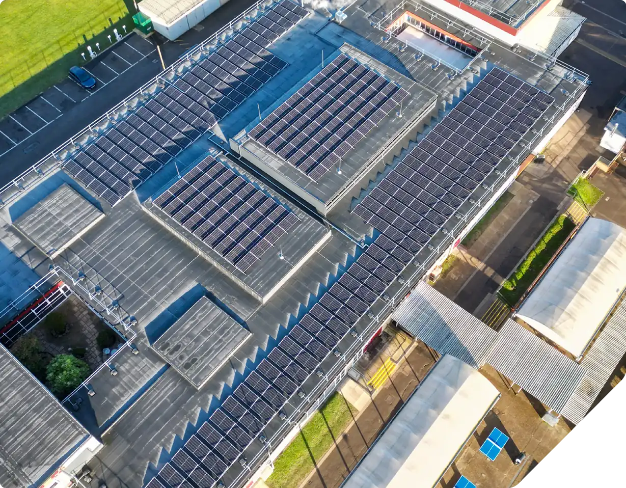 Aerial view of school rooftops with extensive solar panel installations