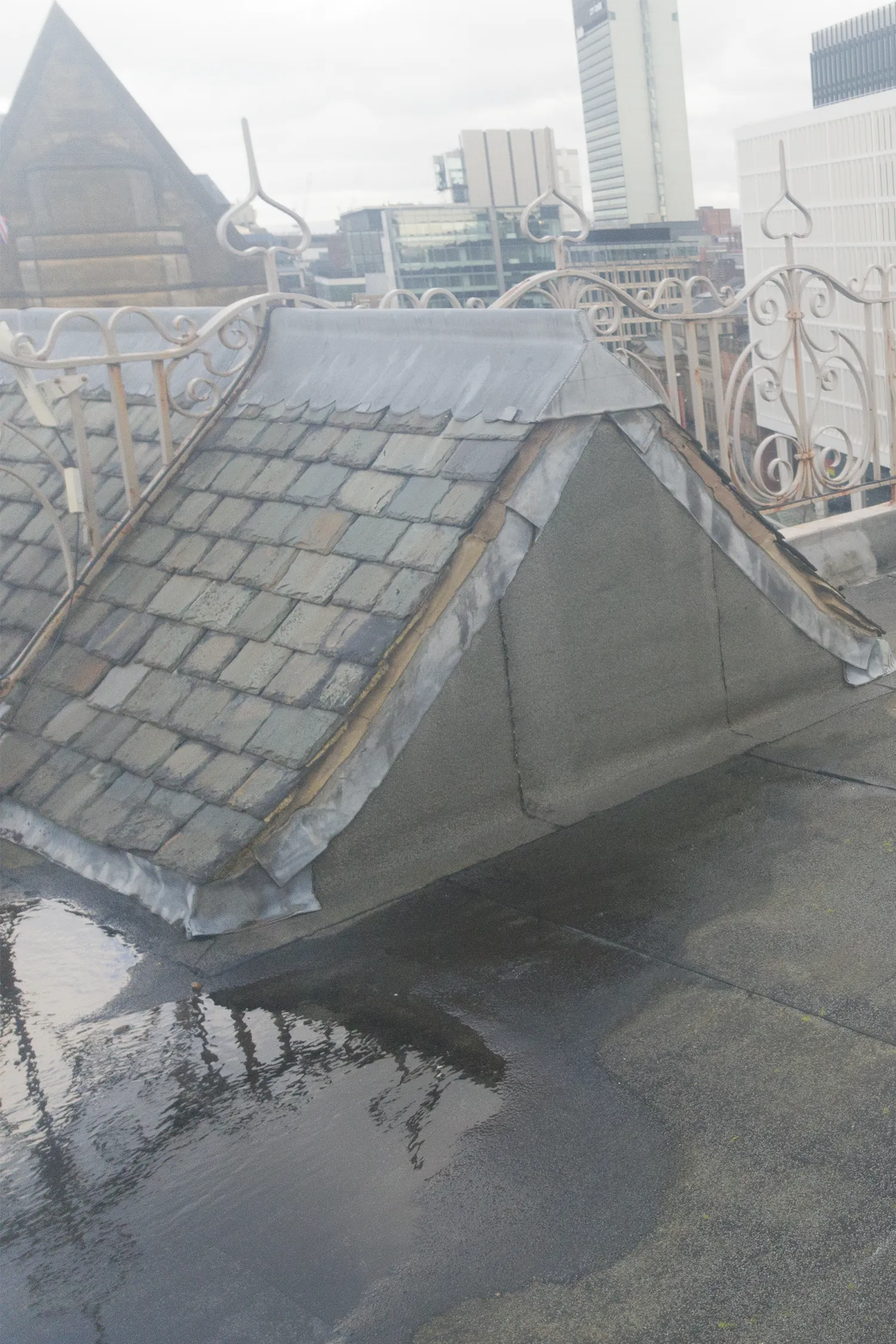 Ornate rooftop detail with decorative ironwork and slate tiles overlooking cityscape.