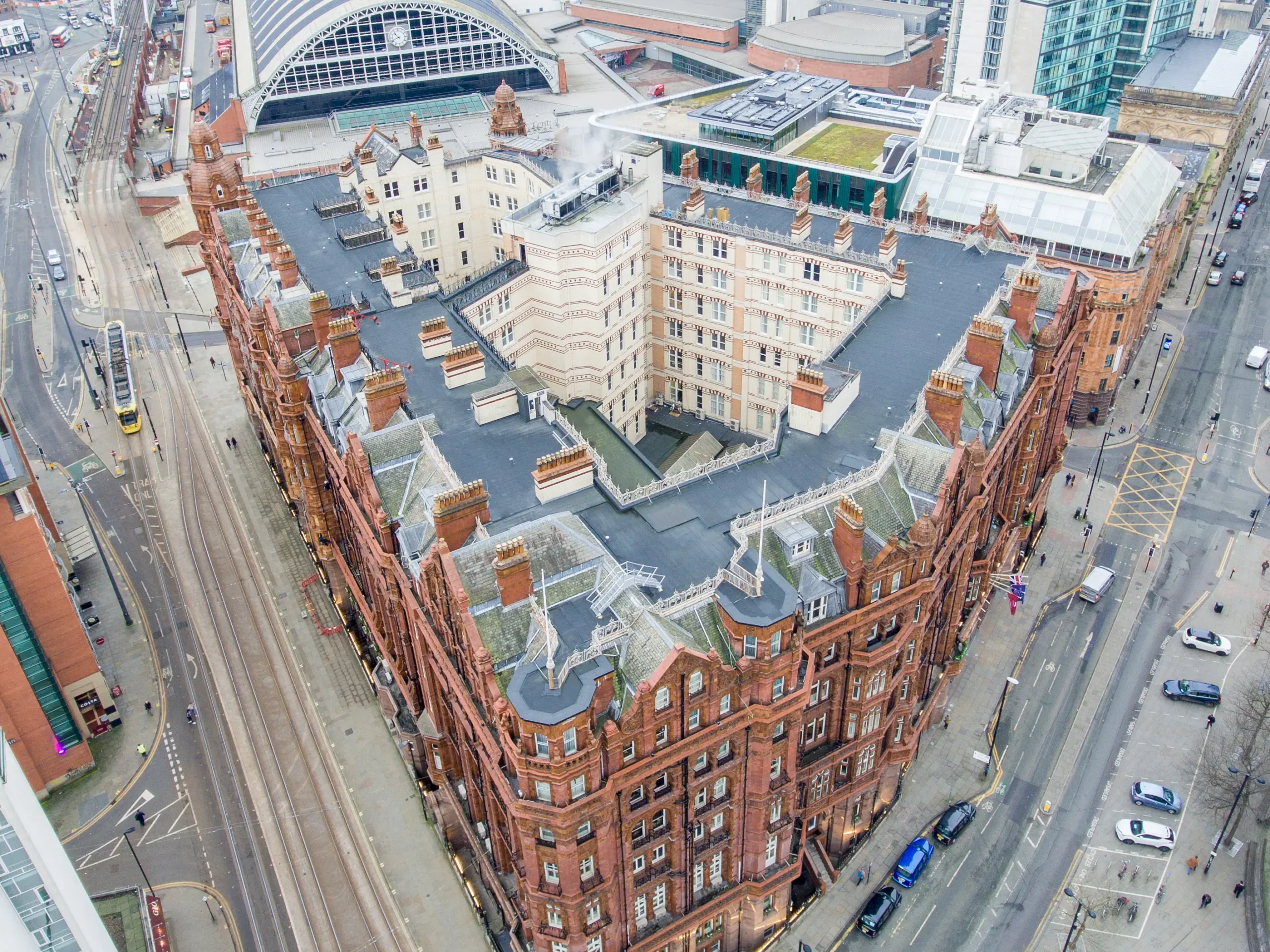 Aerial view Midland Hotel red brick Victorian building Manchester city center courtyard