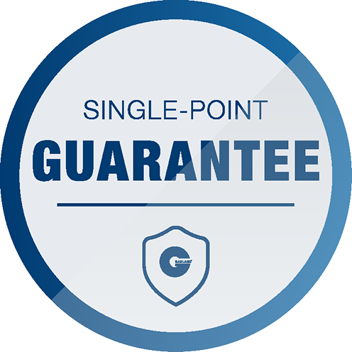 Single-point guarantee badge with shield icon and blue design